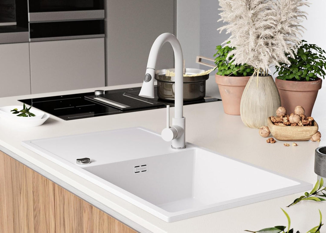 Spülbecken Weiss 90x50 cm, Granitspüle 1 Becken XL + Ablauf-Set, Küchenspüle für 60er Unterschrank,