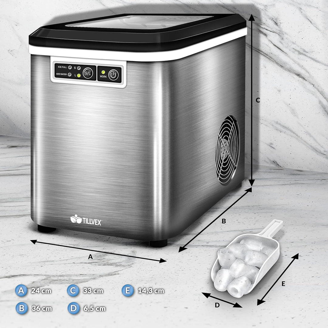 tillvex Eiswürfelmaschine Edelstahl 12 kg - 24 h | Eiswürfelbereiter 2,2 Liter Wassertank | Ice-Make