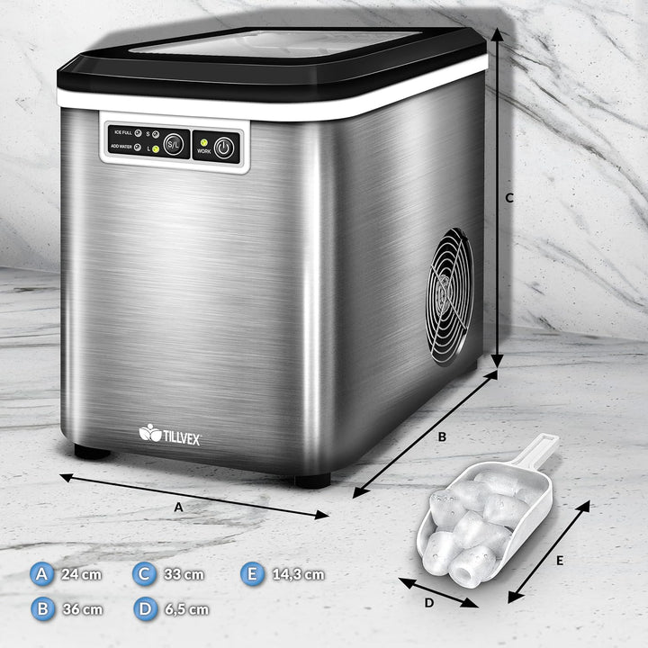 tillvex Eiswürfelmaschine Edelstahl 12 kg - 24 h | Eiswürfelbereiter 2,2 Liter Wassertank | Ice-Make