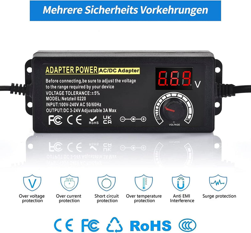 Einstellbares Netzteil 3V-24V Universal Netzteiladapter 3A 72W Verstellbarer Netzadapter 100V-240V A