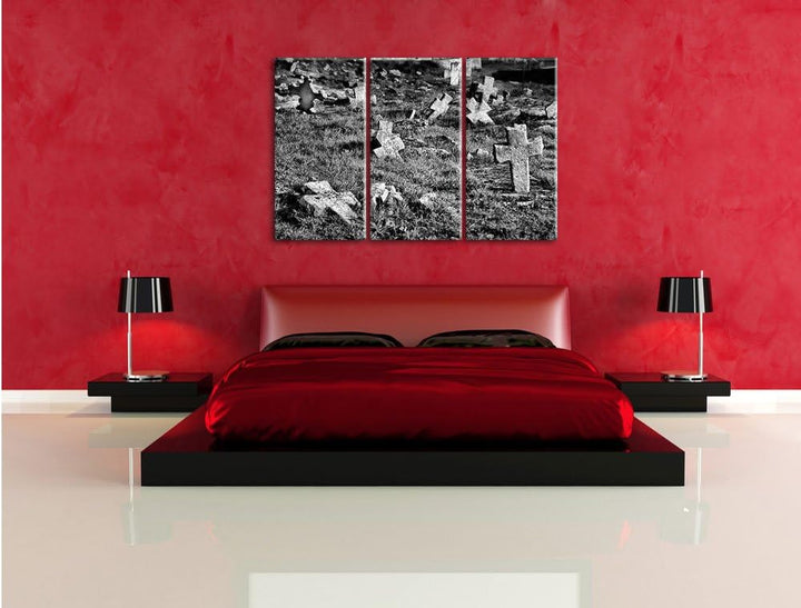 Pixxprint Friedhof schwarz weiss als Leinwandbild | Grösse: 3 Teilig (120x80) | Wandbild| Kunstdruck
