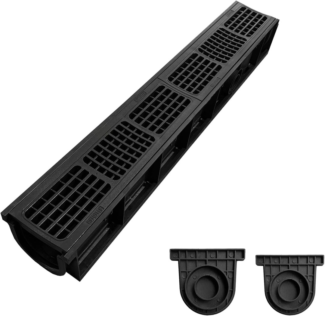 1m Entwässerungsrinne mit B125 HDPE-Abdeckrost - 1000 x 155 x 140 mm - Bodenrinne Ablaufrinne für Ga