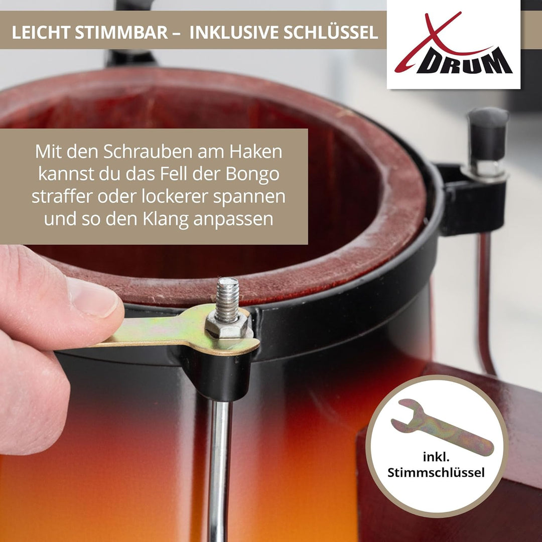 XDrum Bongos Club - 6" Macho und 7" Hembra - Naturfelle - professionelles Stimmsystem - Schwarz sati