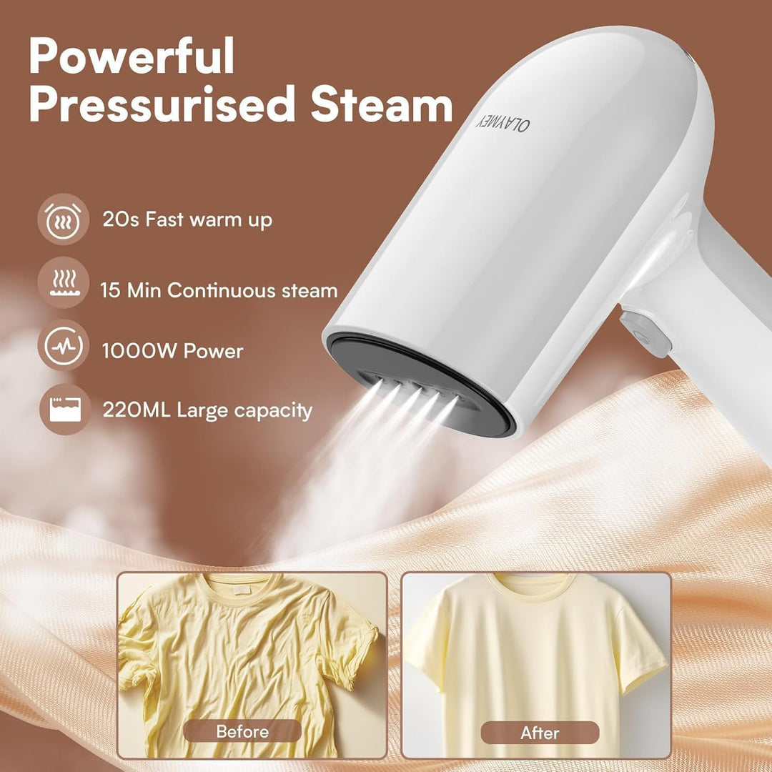 OLAYMEY steamer Dampfglätter 1000W, Steamer für Kleidung, 220ml Wassertank, Tragbarer Dampfbügeleise
