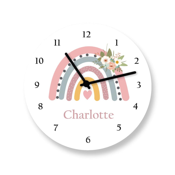 Personalisierte Kinderzimmer Wanduhr Regenbogen Rosa Mädchen Geburtstag Geschenk mit Name ohne Ticke