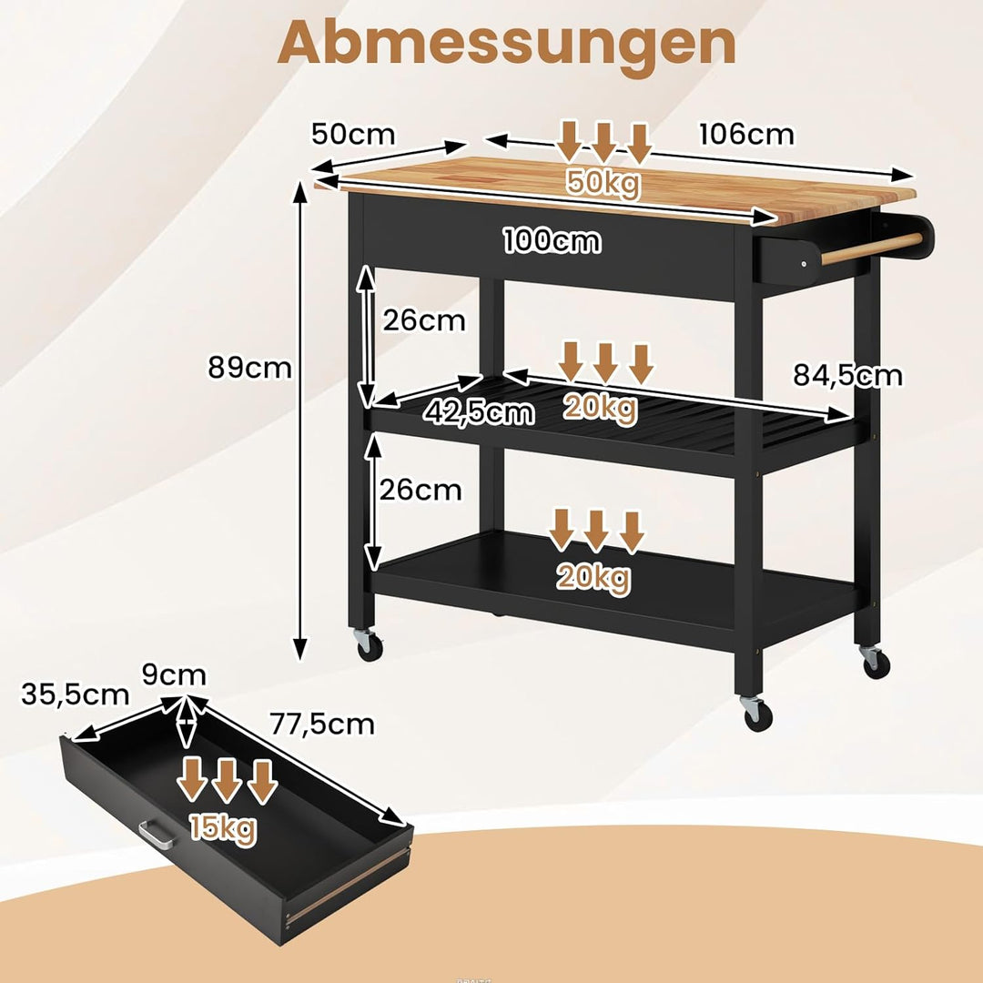 COSTWAY Küchenwagen, Mobile Kücheninsel mit Arbeitsplatte, 3-stöckiger Küchenrollwagen mit 2 offenen
