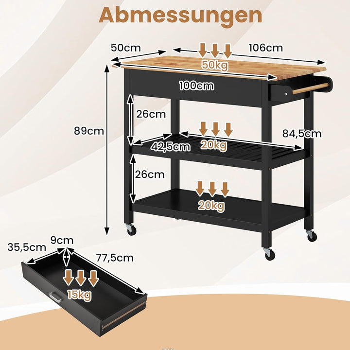 COSTWAY Küchenwagen, Mobile Kücheninsel mit Arbeitsplatte, 3-stöckiger Küchenrollwagen mit 2 offenen