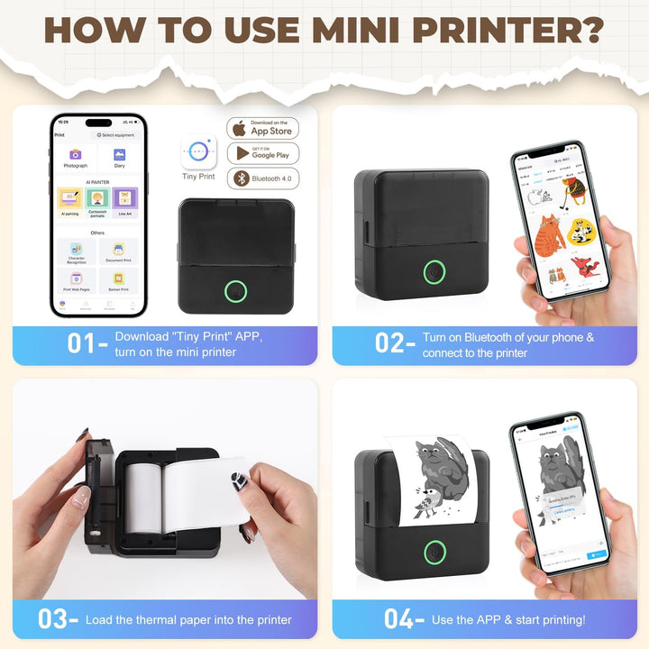PRAOAHEI Mini Drucker, Tragbarer Fotodrucker mit 20 Rollen Druckerpapier, Bluetooth-Etikettendrucker