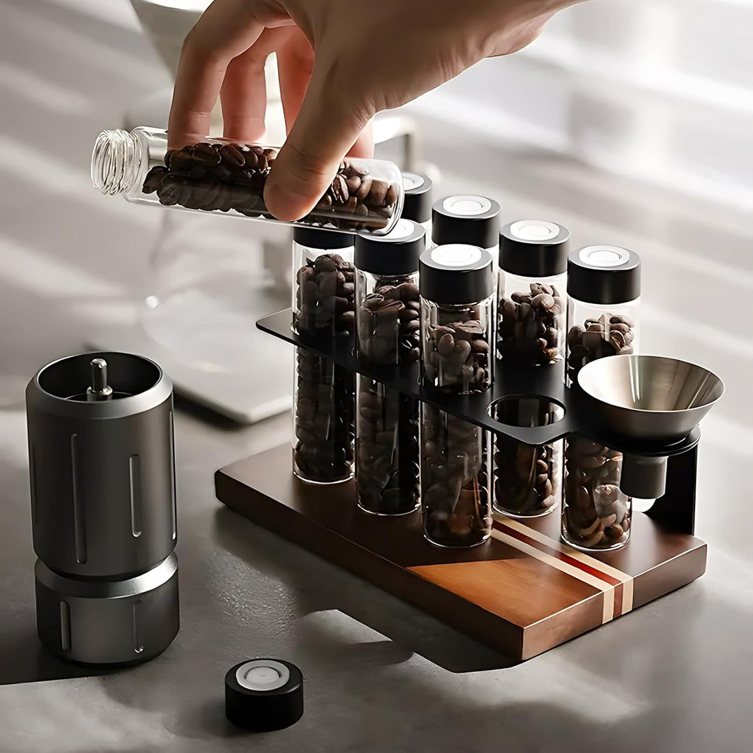 8 Tuben Kaffeebohnen Behälter, Walnuss Einzeldosis kaffeedose mit Ständer und Trichter, Espressobohn