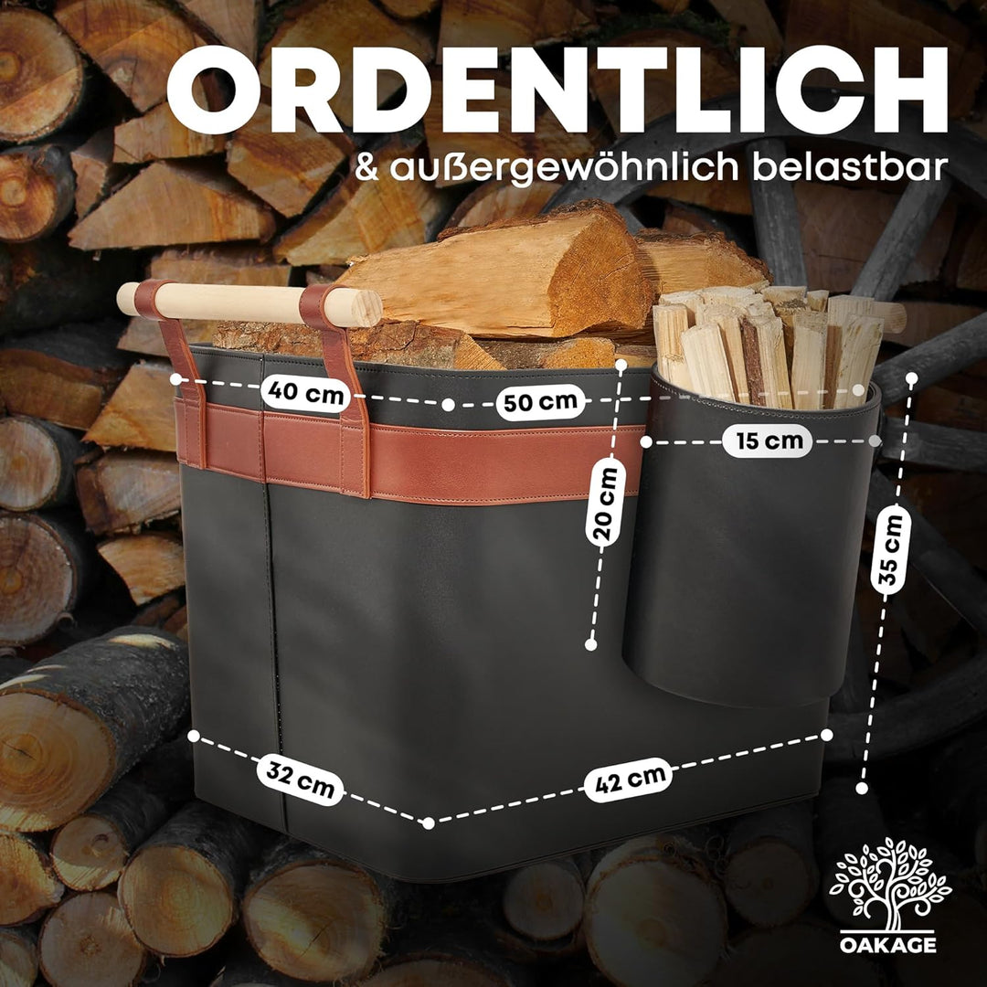 OAKAGE® Holzkorb für Kaminholz Gross aus veganem Leder Kaminholzkorb Feuerholzkorb Brennholzkorb Kam