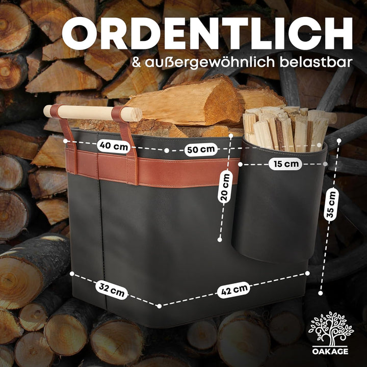 OAKAGE® Holzkorb für Kaminholz Gross aus veganem Leder Kaminholzkorb Feuerholzkorb Brennholzkorb Kam