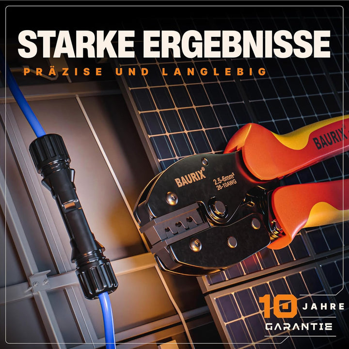 BAURIX® Crimpzange für MC4 Stecker 2,5–6mm² – PV Solar Kabel ordnungsgemäss installieren – Elektrike