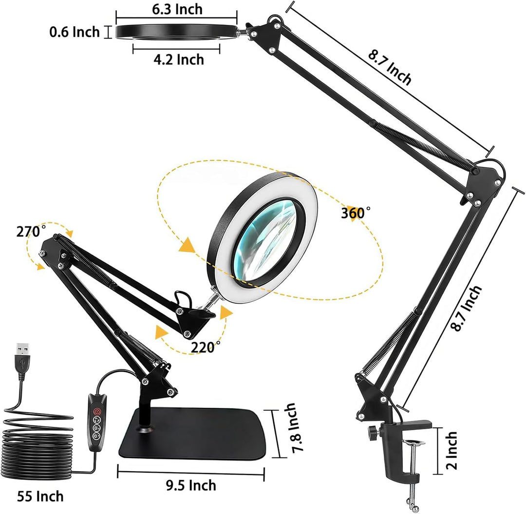 15X Magnifying Glass with Light, LED Desk Lamp with Base and Clamp, 3 Color Modes, 10 Brightness, 72