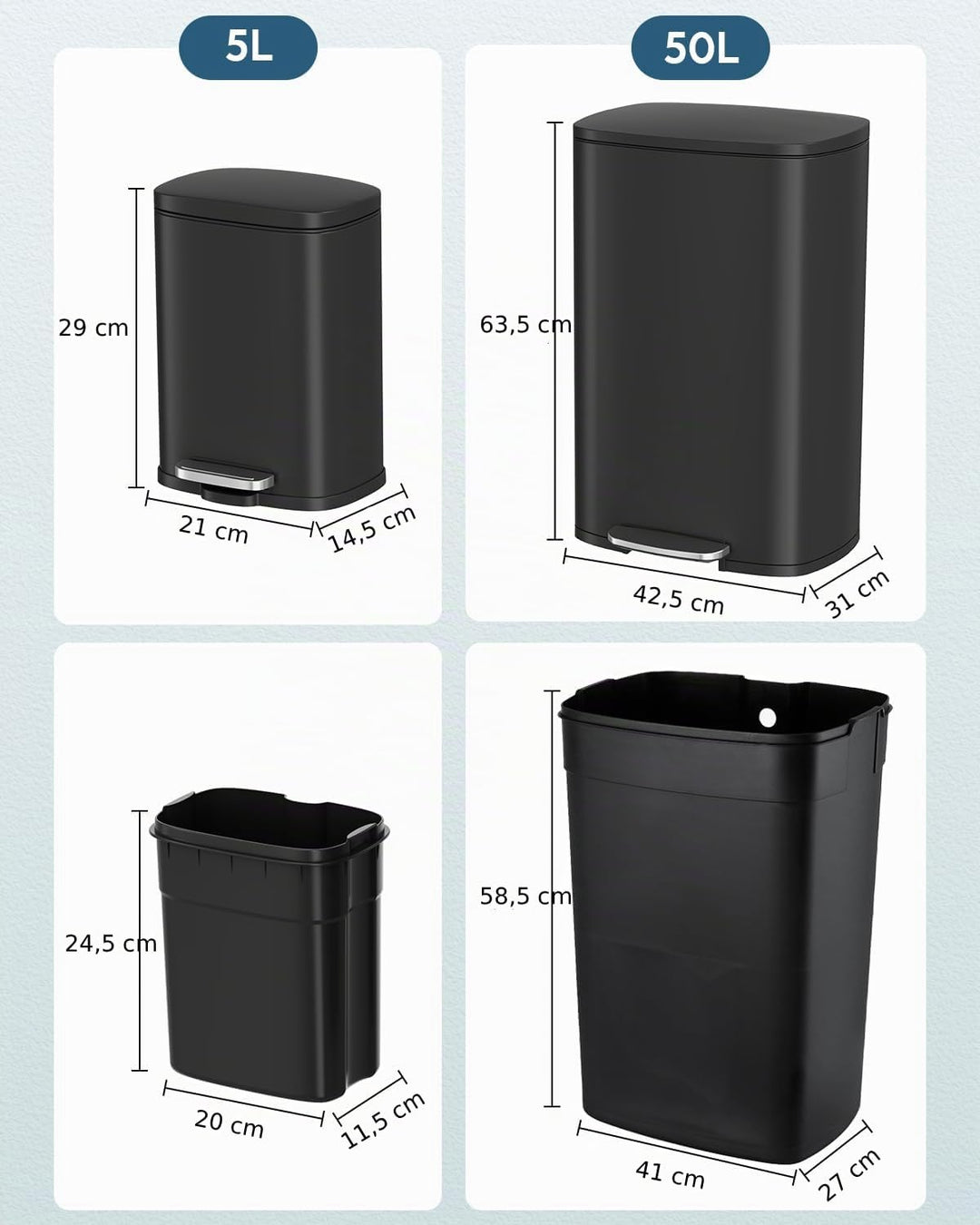 Clevich Mülleimer Set 50L + 5L, Treteimer für Küche und Bad, grosser 50L Abfalleimer, kleiner 5L Kos