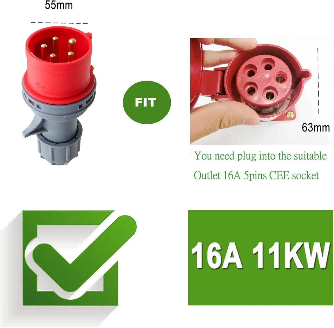 veco chajor EV Ladekabel Typ 2 11 kW 3-Phasen 6-16 A 5 M, EV-Ladegerät Ladekabel CEE auf Typ 2 mit A
