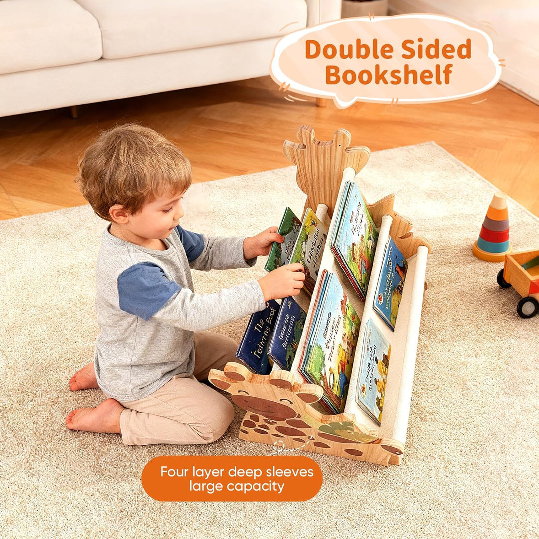 Bücherregal Kinder, Montessori Kinder Buchständer aus Holz mit 4 Ablagen, Kinderregal für Buchaufbew