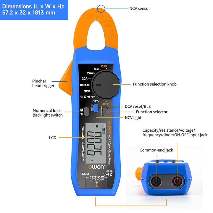 OWON CM2100B Mini Bluetooth Zangenmessgerät 20000 Zählungen Handheld True RMS 600 V 100 A AC/DC Stro