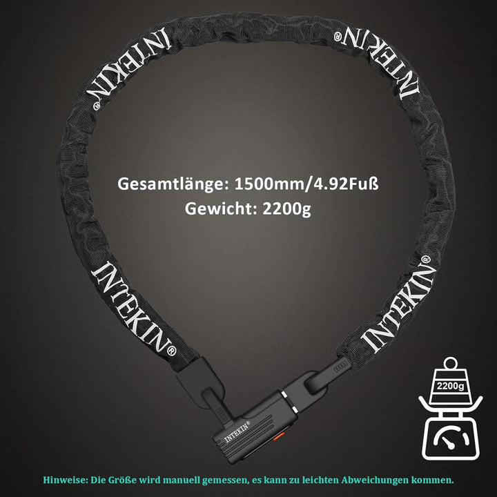 INTEKIN Kettenschloss 150cm lang, Motorrad-/ Fahrradschloss aus 8mm gehärteter Stahlkette, Hoch Sich