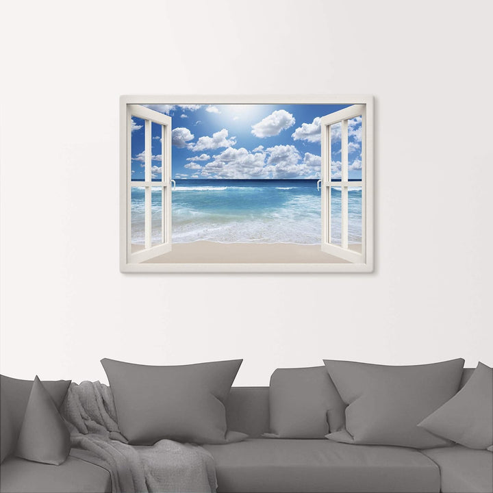 Artland Leinwandbild Wandbild Bild auf Leinwand 100x70 cm Wanddeko Fensterblick Fenster Strand Meer