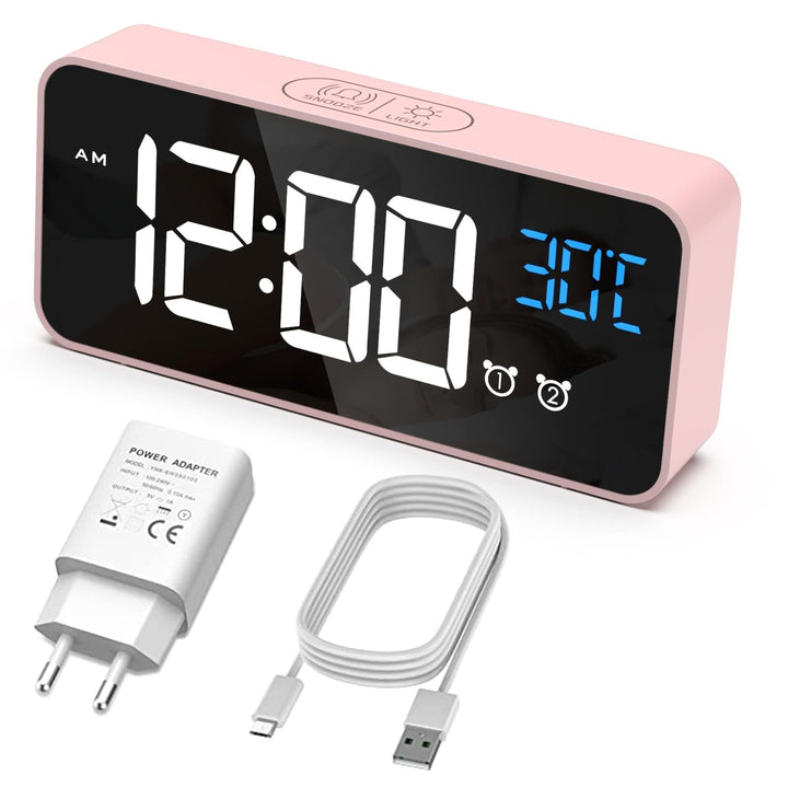 Wecker Digital, LED Digitaluhr mit Temperaturanzeige Tragbarer Spiegelalarm Tischuhr mit 2 Alarmen 1