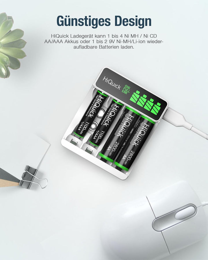 HiQuick Universal Akkuladegerät mit 4 AA Akkus + 4 AAA Akkus, Ladegerät für NI-MH/NI-CD Mignon AA Mi