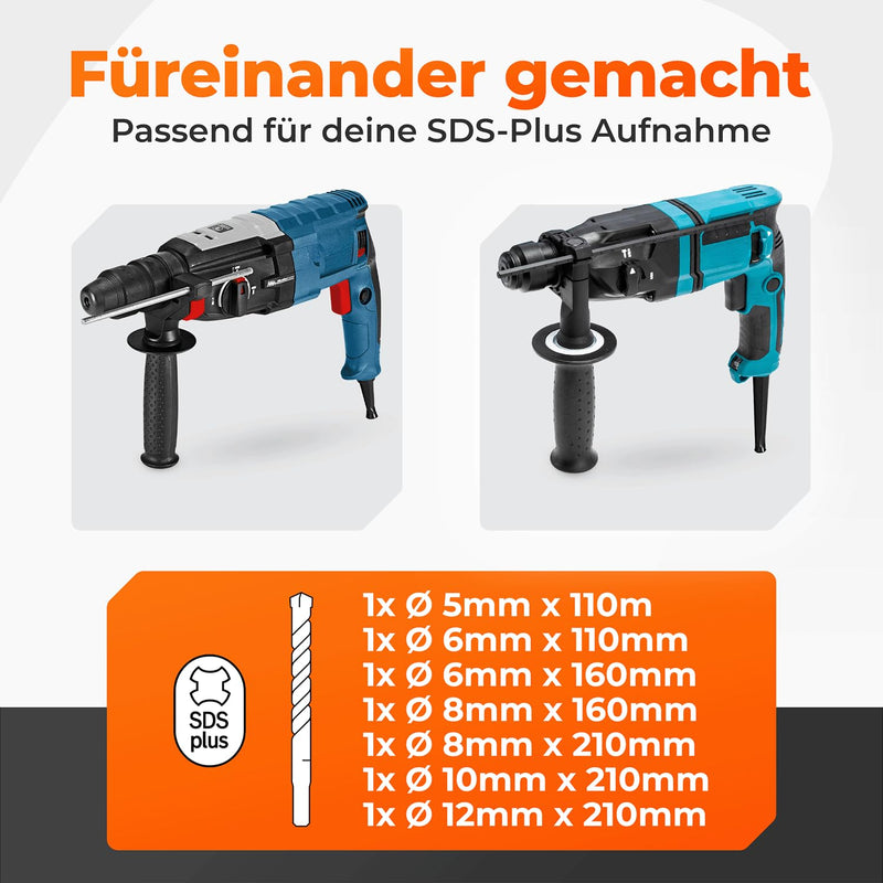 BAUBECK SDS Plus Bohrer Set für Beton [7tlg - Ø5-12 bis zu 210mm lang] - Langlebig und Robust aus 40