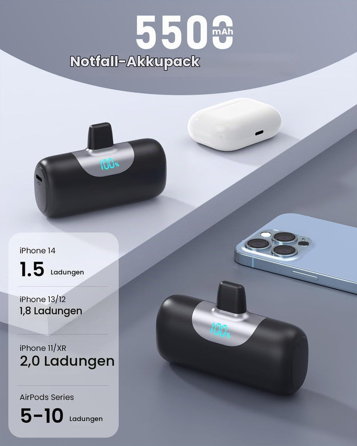 Mini Powerbank für iPhone 5500mAh, Klein Power Bank Kompakt 22.5W PD 3.0A Schnelles Aufladen Akkupac