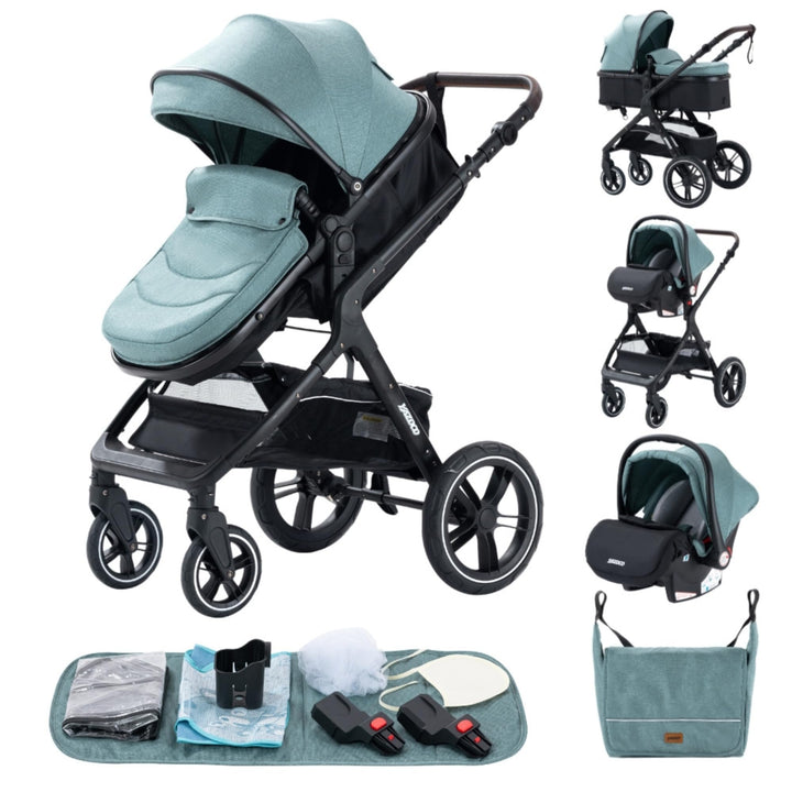 GLOKID Kinderwagen 3 in 1,Reisesysteme, Babywanne Buggy,Voll-Gummireifen,Mit Einem Klick Zusammenkla