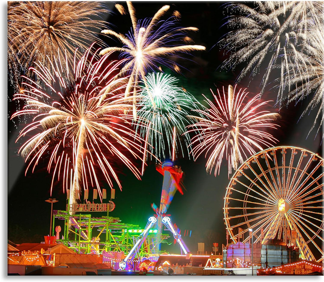 Silvester Riesenrad Feuerwerk Herdabdeckplatte & Spritzschutz aus Echtglas | Für Herd-Kochfelder | 6