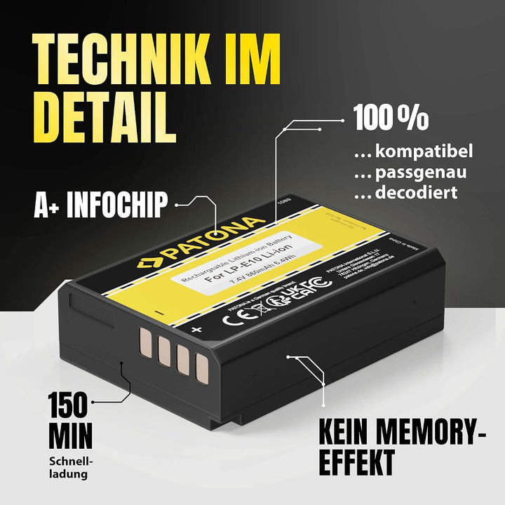 PATONA 2X Akku Ersatz für Canon LP-E10 LPE10 Battery Pack 860mAh 7.4V | Ersatzakku für EOS 1100D 120