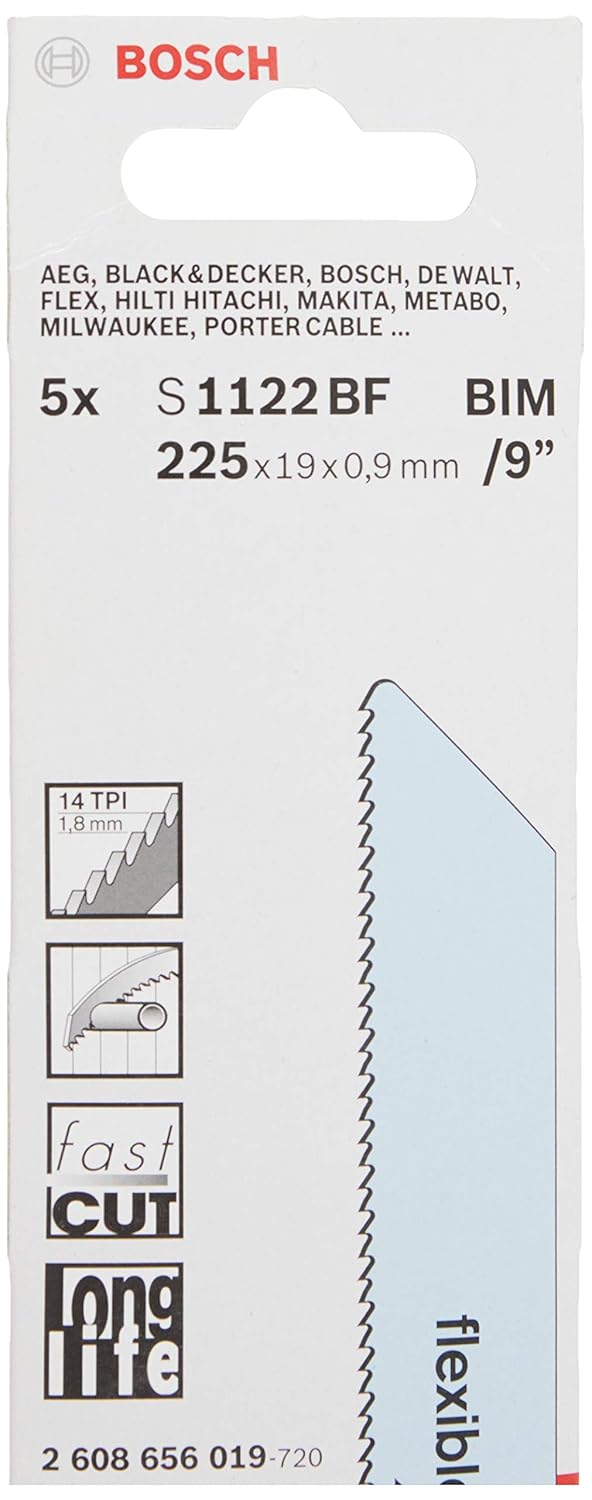 Bosch Reciprosägeblätter Metall lang S 1122 BF 5 Stück 225 mm Metall Medium (3-8mm) Rohre und Profil