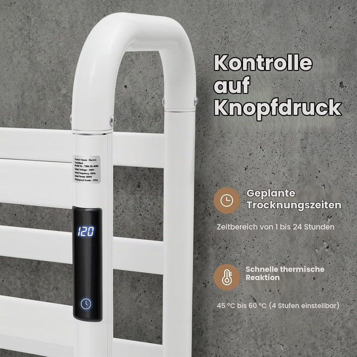 Handtuchheizkörper Elektrisch Handtuchhalter ohne Bohren 1-24h Timer, 45-60°C 180W Weiss Doppelstöck