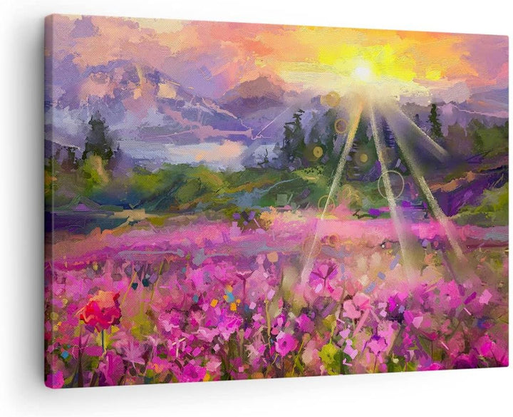 Bilder auf Leinwand Berge Blumen Blumen Leinwandbild mit Rahmen 70x50cm Wandbilder Dekoration Wohnzi