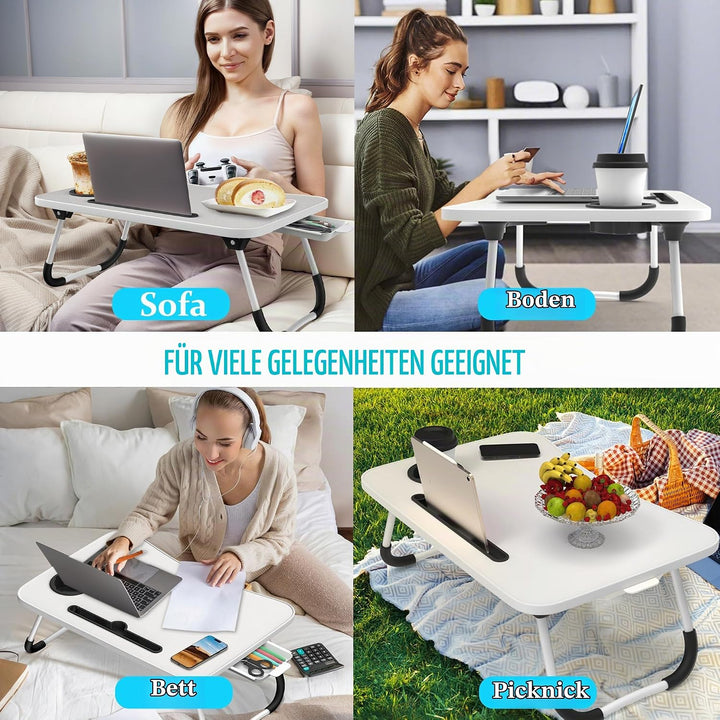 Soontrans Laptoptisch, 60 x 40 x 28 cm, Laptop Tisch mit Tablethalter, Schublade, Getränkehalter, Be