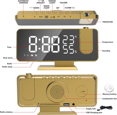 Wecker mit Projektion Radiowecker-Digitaler Projektionswecker mit USB-Anschluss, 7.5 Zoll grosses Sp