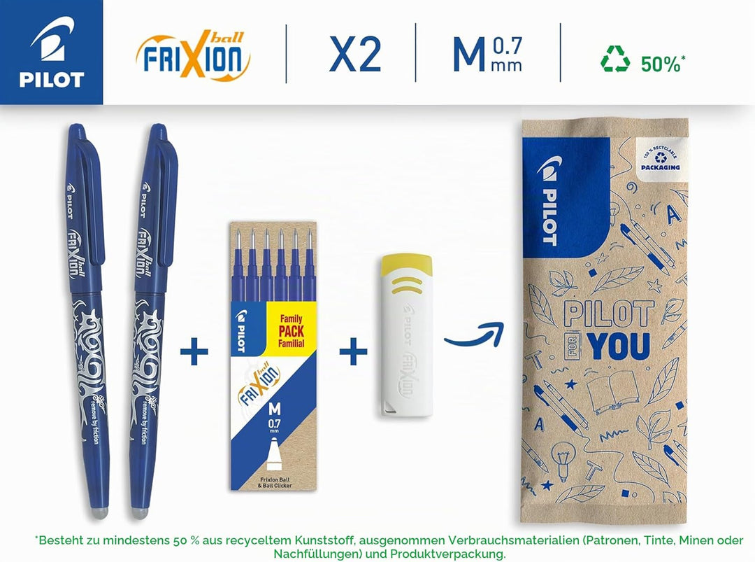 PILOT FriXion Ball 0.7 Set – 2 Stifte/6 Minen/1 Radierer – Farbe Blau – Radierbare Tintenroller 0,4m