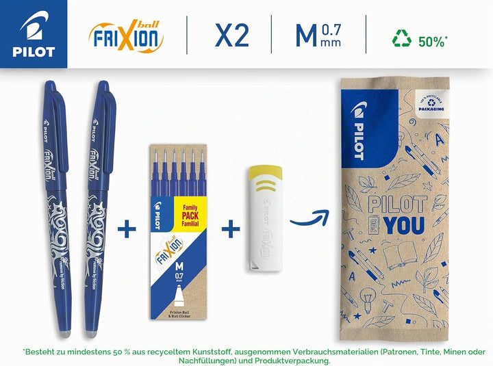 PILOT FriXion Ball 0.7 Set – 2 Stifte/6 Minen/1 Radierer – Farbe Blau – Radierbare Tintenroller 0,4m