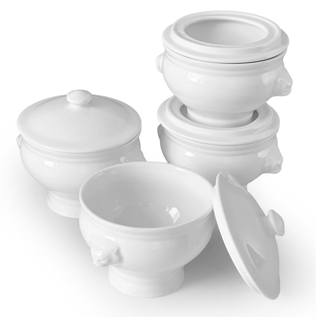 Cinf Weisse Keramik 354 ml Set von 4 Löwenkopf Porzellan Suppenschalen mit Deckel Weihnachtsgeschenk