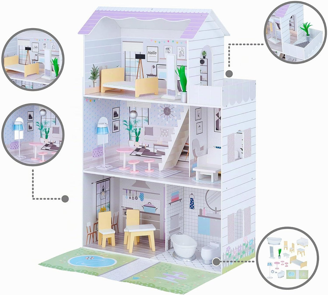 Teamson Kids Olivia’s Little World Grand Kinder-Puppenhaus aus Holz mit 3 Ebenen mit Garten und 16 i