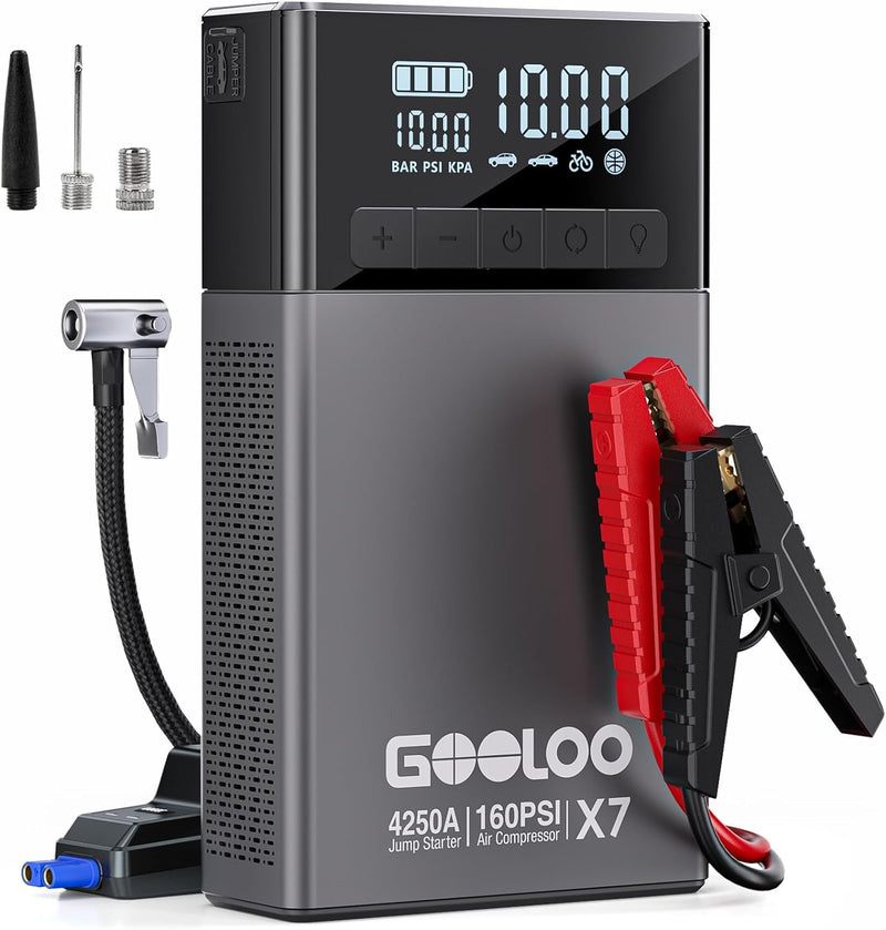 GOOLOO X7 4250A Starthilfe Powerbank mit Kompressor,Starthilfe mit Digitalem Reifenfüller 160 PSI, 1