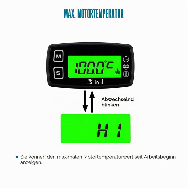 Runleader Digital LCD Motortemperaturanzeige Voltmeter, programmierbare Warnmeldung, Uhranzeige, Aus