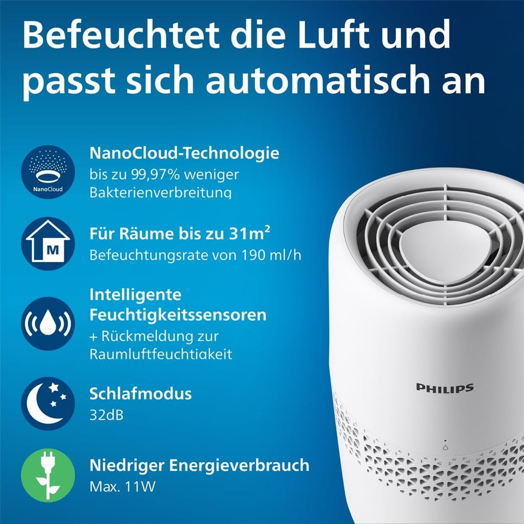 Philips Luftbefeuchtung 2000er Serie - NanoCloud-Technologie, Befeuchtet Räume bis zu 31m2, 2L Wasse