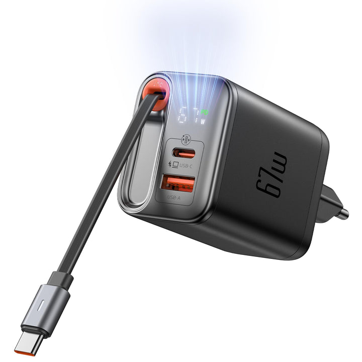 Mcdodo 67W USB C Ladegerät mit Einziehbarem Kabel Netzteil USB C GaN Schnellladegerät 3-Port 67W GaN