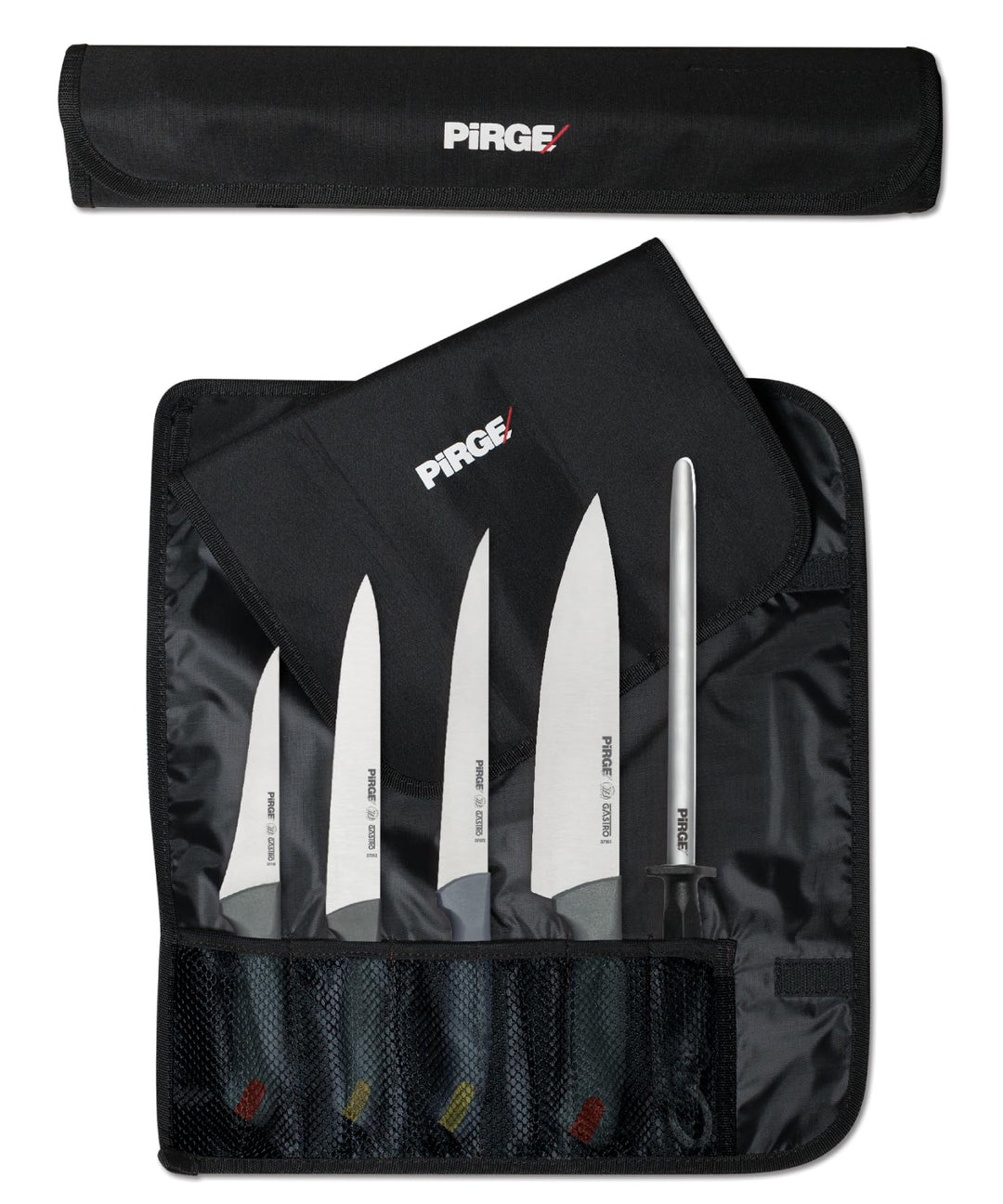 Pirge Gastro Profi Messerset mit Tasche 6 Stück - Griff mit Farbeinsatz - Profi Kochmesser Set - Ede