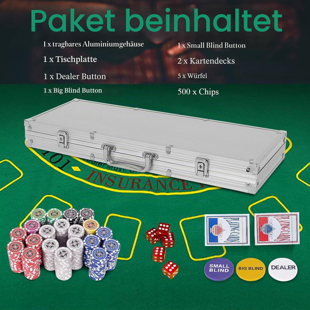 HOMASIS Pokerset mit 500 Chips, Alu Pokerkoffer mit 2 Kartendecks, 5 Würfeln, 3 Dealer Button & Matt