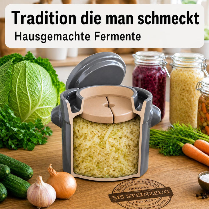 Gärtopf 10 L Steingrau + Beschwerungssteine | Gesund durch Fermentation mit Sauerkrauttopf | Einmach