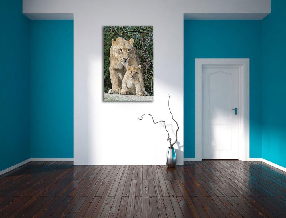 Pixxprint Löwin mit Jungtier auf Leinwand, XXL riesige Bilder fertig gerahmt mit Keilrahmen, Kunstdr
