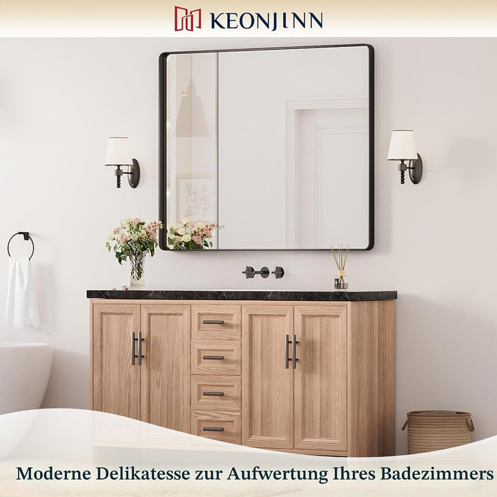 Keonjinn Wand Spiegel Schwarz 106x90cm, Badezimmerspiegel Badspiegel mit Metallrahmen, Gehärtetes Gl