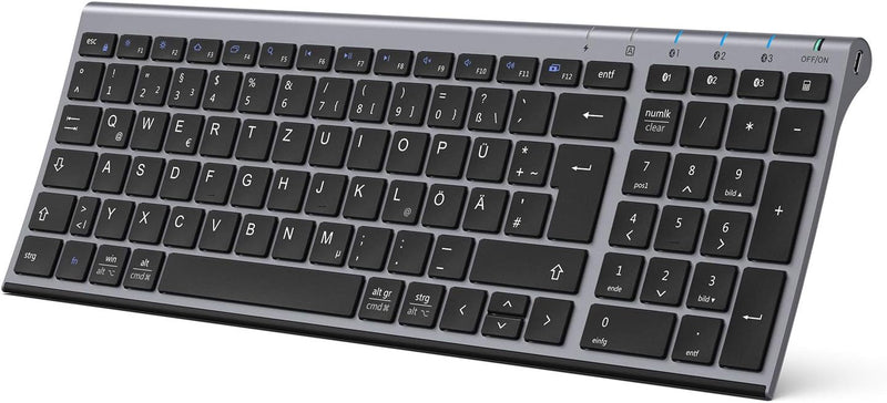 iClever Bluetooth Tastatur, Kabellose Tastatur mit 3 Bluetooth Kanälen, Funk Tastatur wiederaufladba