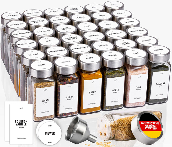 Deco haus® Gewürzgläser eckig mit Schraubkappe 36er Set [+Etiketten & Streueinsatz] - Gewürzdosen Se
